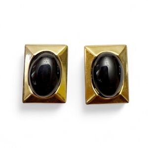 Vintage Pierre Cardin Black Glass Cabochon Goldtone Rectangular Clip Earrings